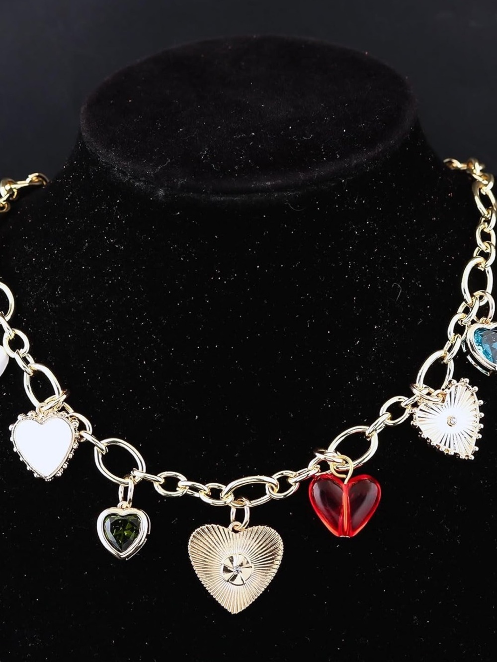 Anthropologie Gold Heart Charm Necklace with Red & Dark Green Accents - Picture 4 of 5